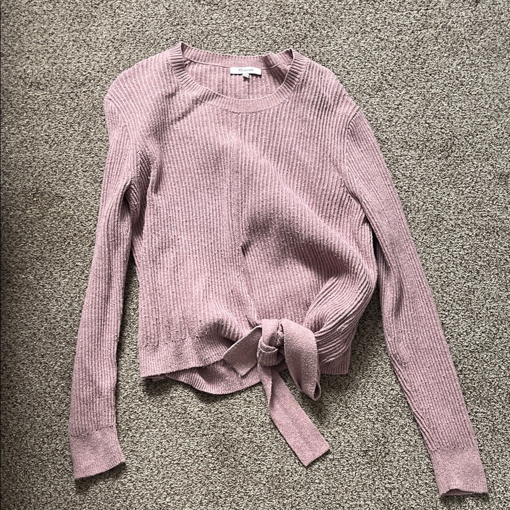 Women's Ribbed Knit Sweater with Tie Front - Pink